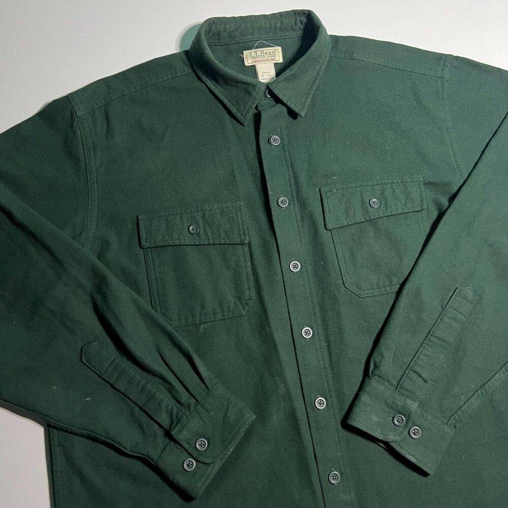 LL Bean Shirt Men XL Tall Chamois Cloth Flannel Button Up Green 100% Cotton